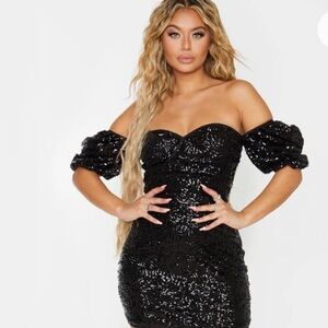Black  Sequin Puff Sleeve Bardot Bodycon Dress